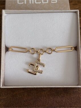 Chico's Gold-Tone Paperclip Chain Bracelet with Crystal Logo Charm